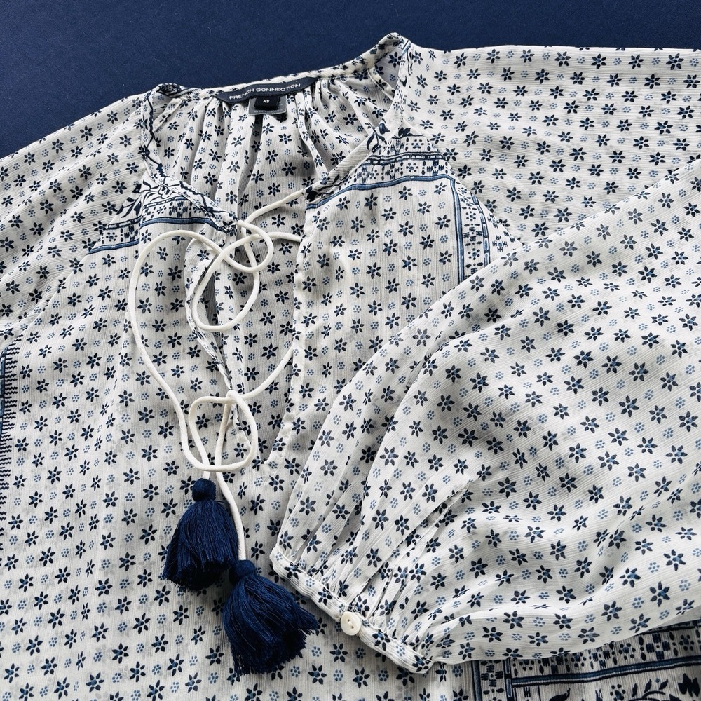 French‎ Connection Boho Peasant Blouse XS White Blue Floral Patchwork Tassel Top